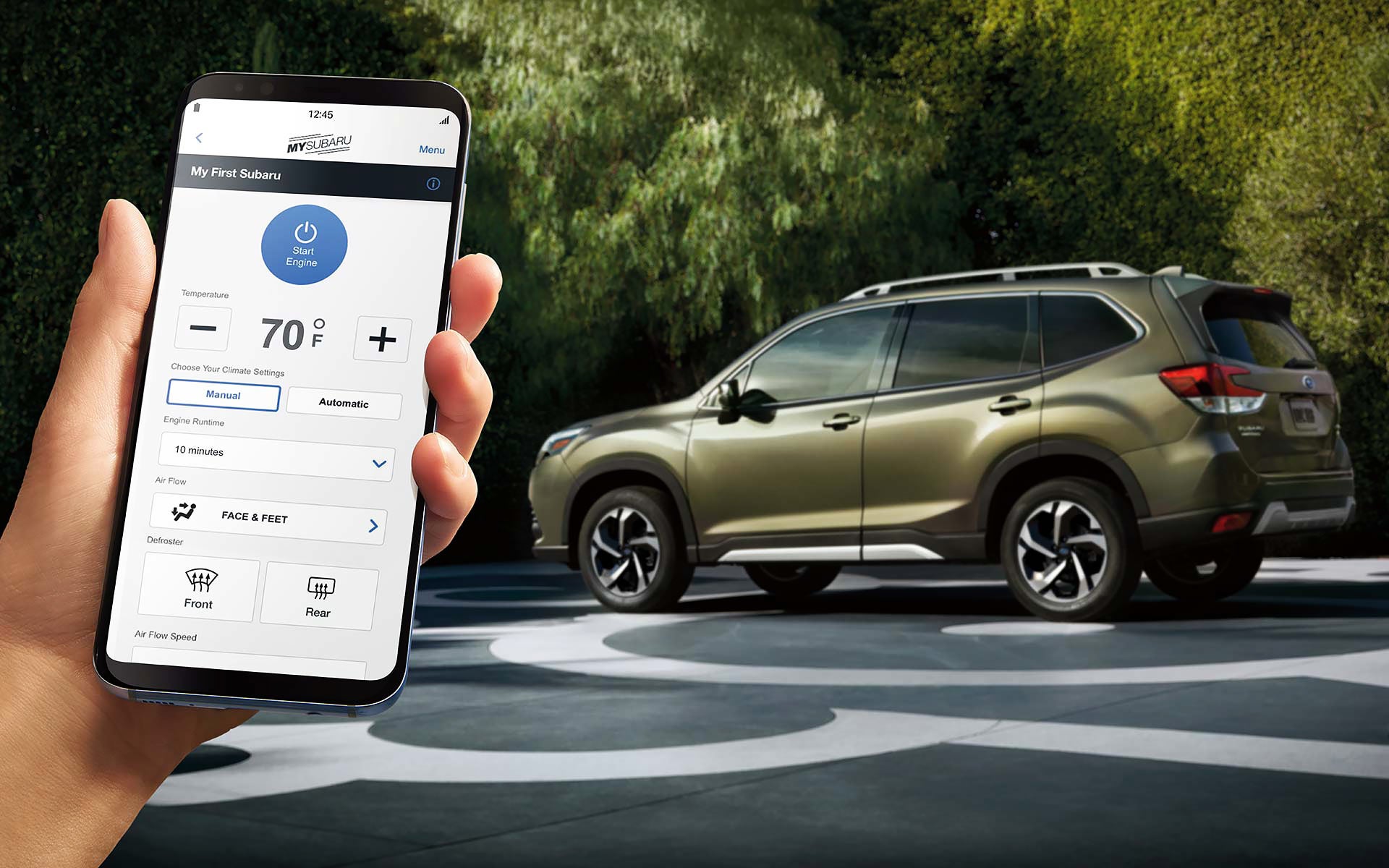 A close-up of a phone showing the Remote Engine Start with Climate Control feature of SUBARU STARLINK® Safety and Security available on the 2022 Forester. | Subaru World of Newton in Newton NJ